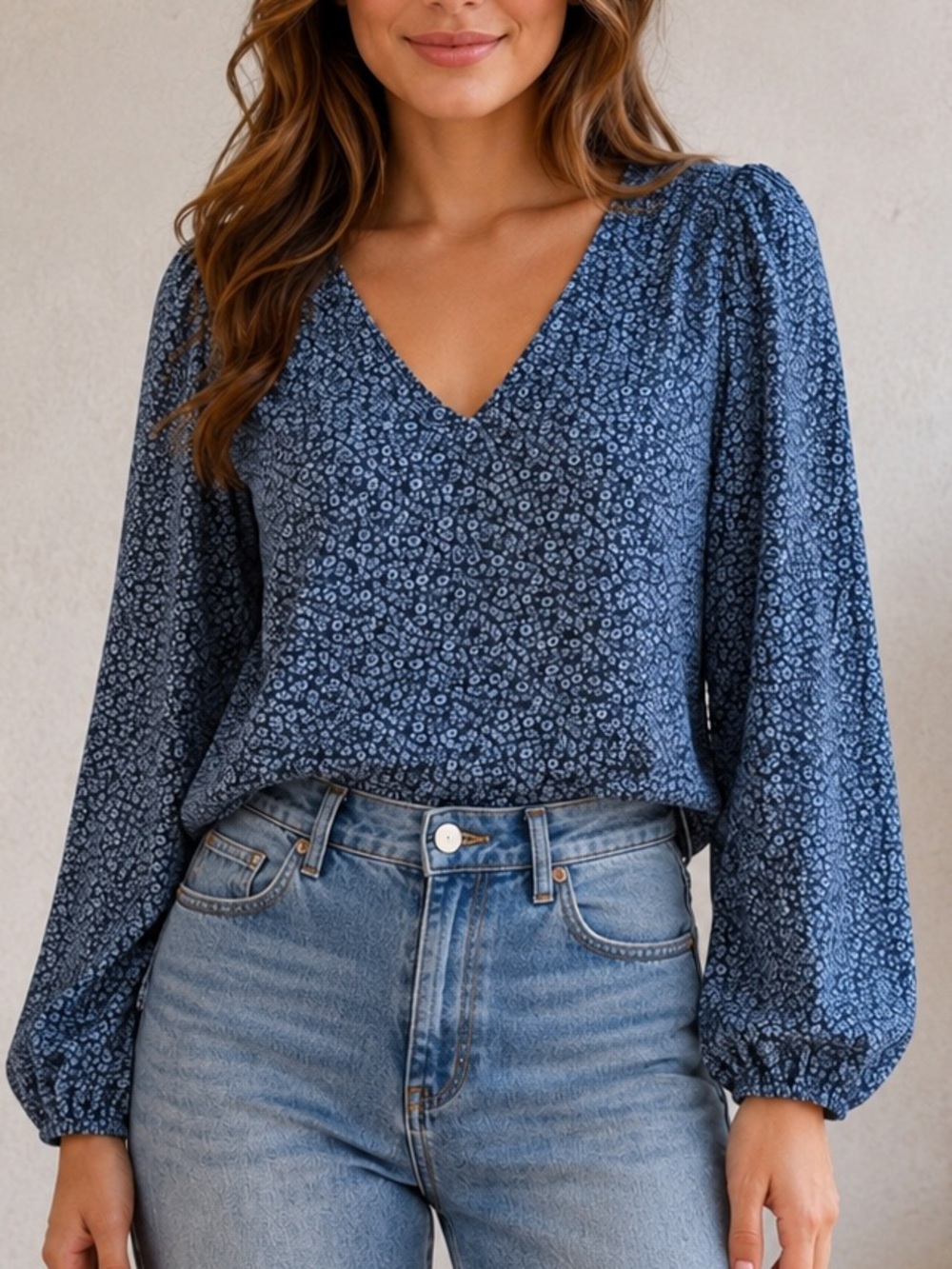 1. STATE Blue Floral V-Neck Balloon Sleeve Blouse Lightweight Top Size Small